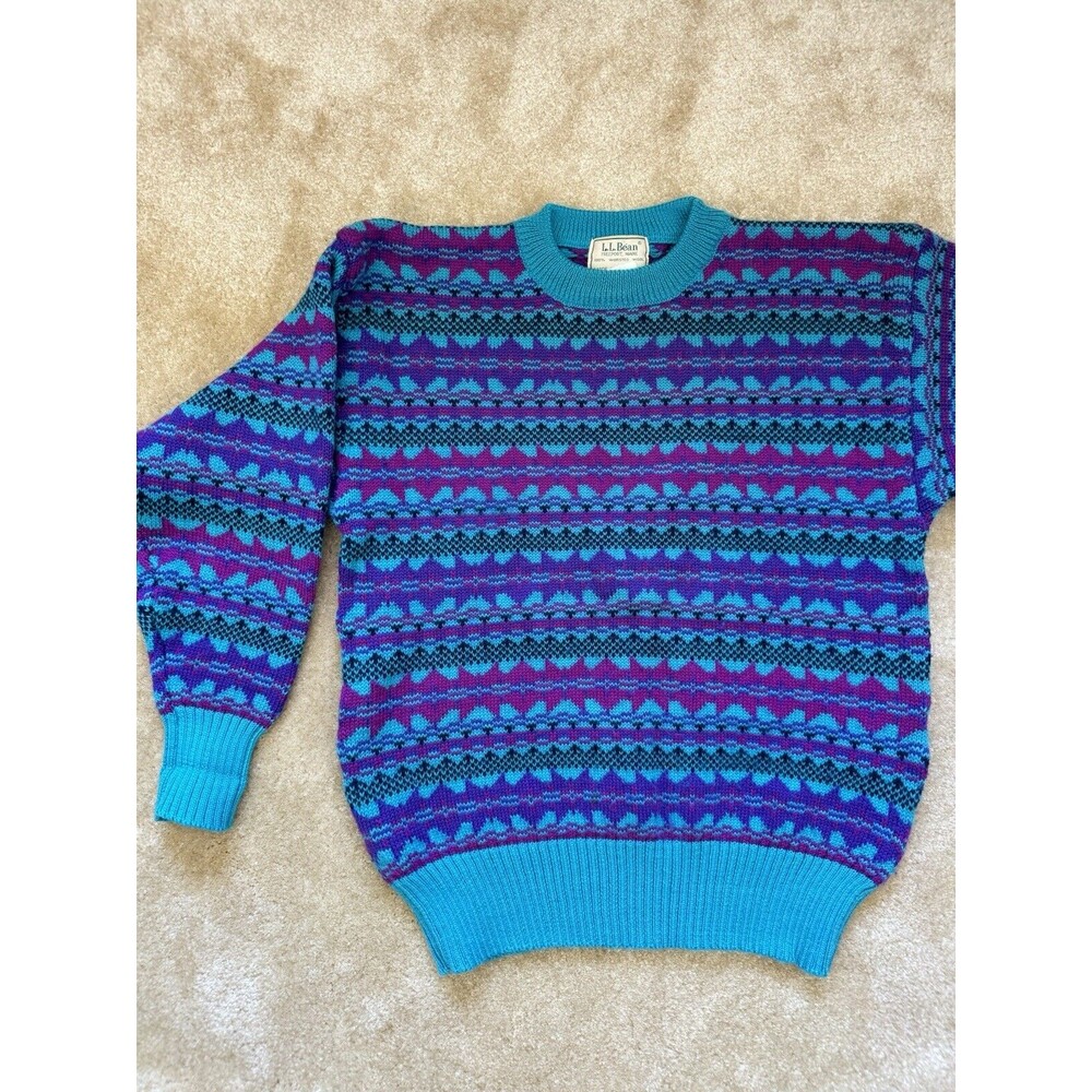 Vtg Women LLBean Freeport Maine Fair Isle Nordic Wool Cardigan Grandma Fisherman